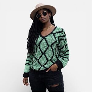 Vintage 80s Sonia Women's Mint Green & Black Chunky Knit Pullover Sweater Sz M